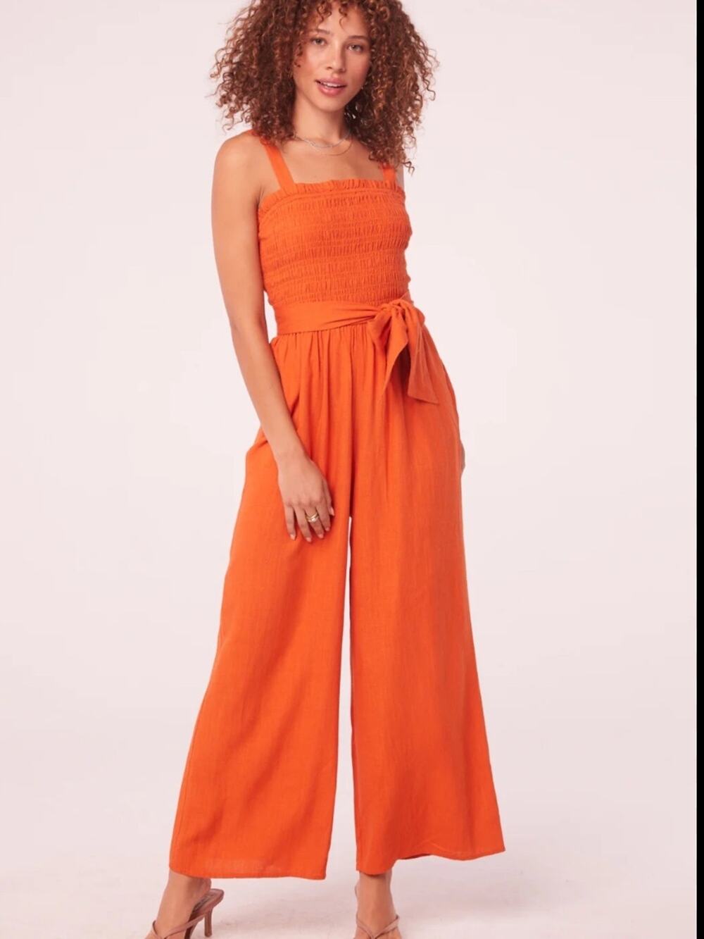 Band of the Free Linen Blend Smocked Jumpsuit Tank Orange (missing belt) Sz S